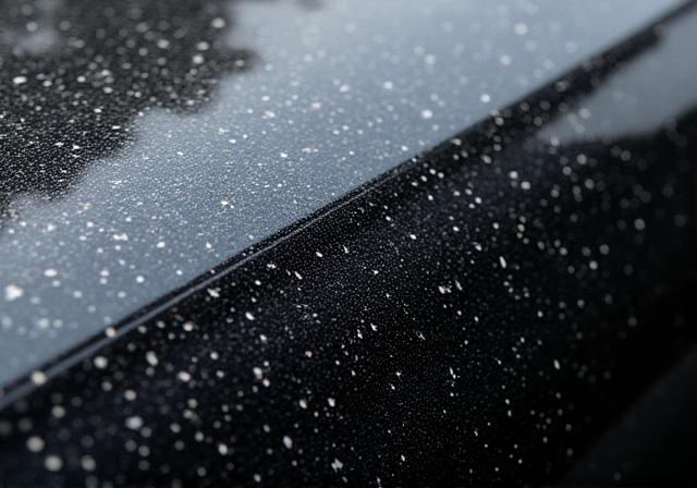 Close-up of black Mercedes paint covered in swirl marks
