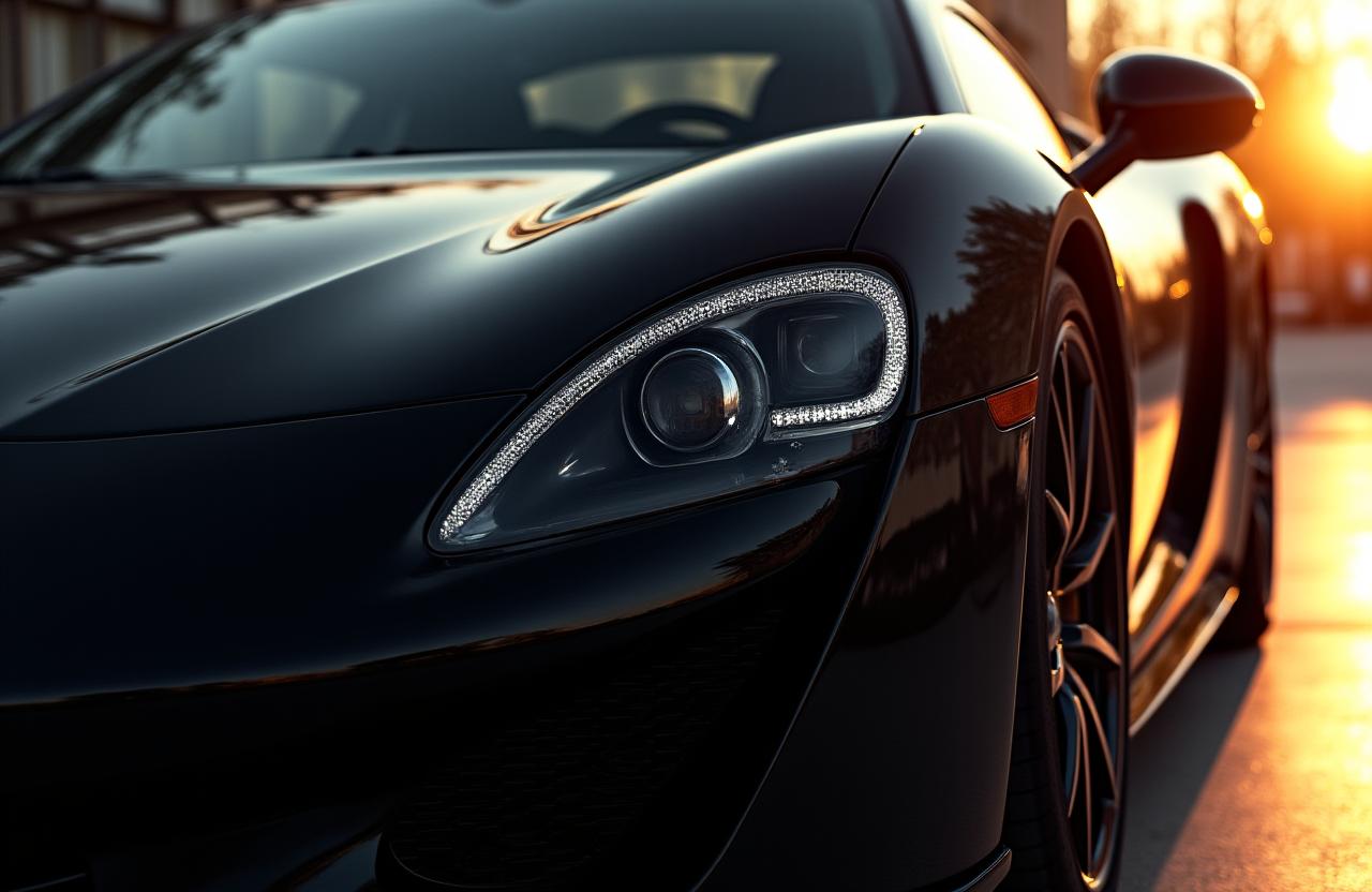 Immaculately detailed black sports car with glossy reflections