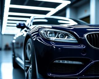 Finished car gleaming under bright workshop lights